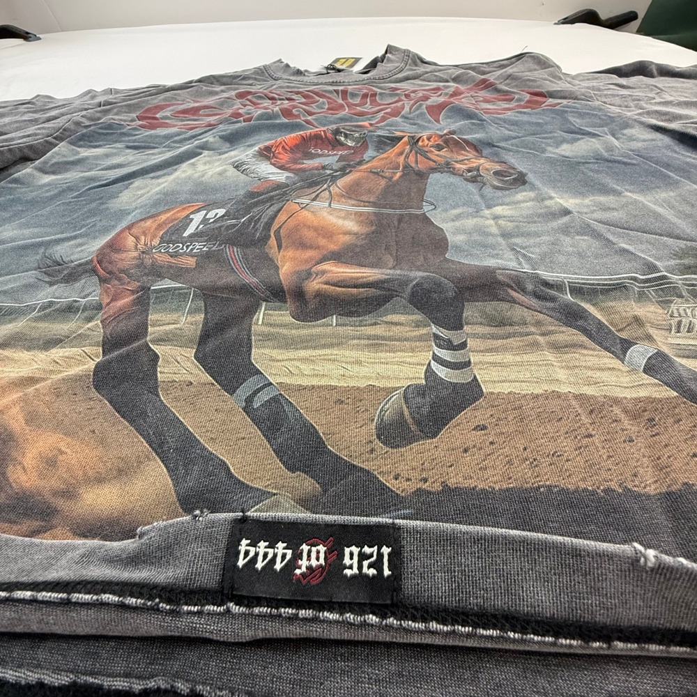 Godspeed Skeleton Horse Racing Graphic T-Shirt Charcoal Grey Mineral Wash New - Picture 9 of 14